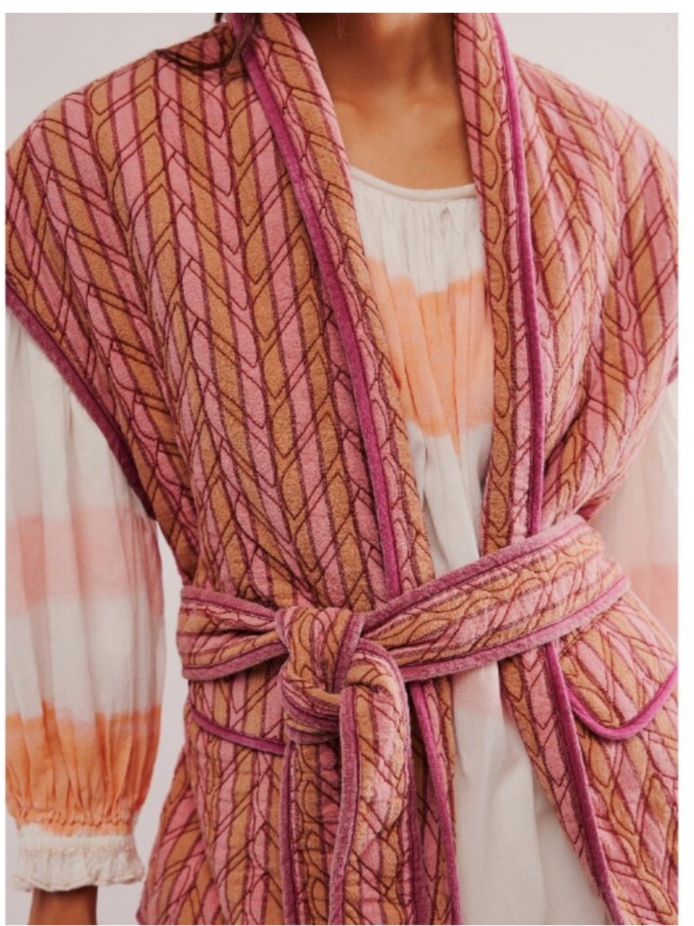 Free People Sunrise Quilted Vest Jacket stripped Piping tie waist Size Large - Picture 2 of 12